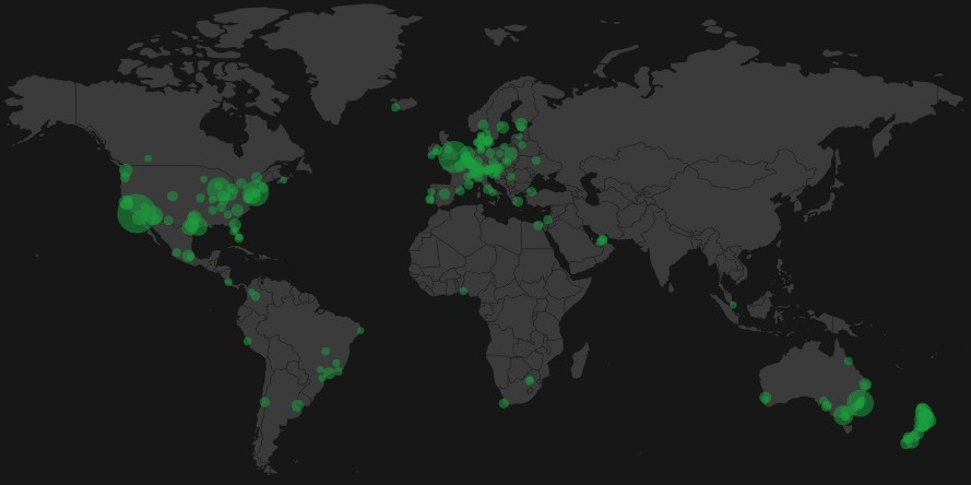Map showing listener locations worldwide
